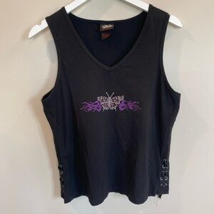 Biker Design Tank Top Black Butterfly Flames Lace Up Womens Large